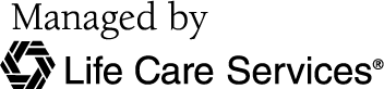 Life Care Services management logo in black and white with geometric icon.