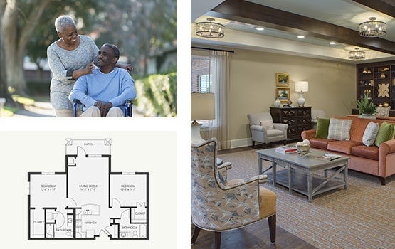 Senior couple outdoors, floor plan, and a cozy living room in a senior living community.