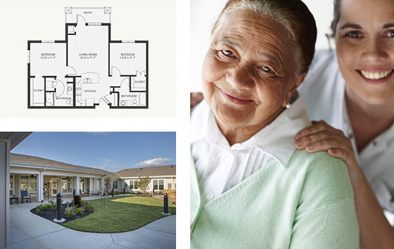 Floor plan, community courtyard, and two women smiling at a senior living community.