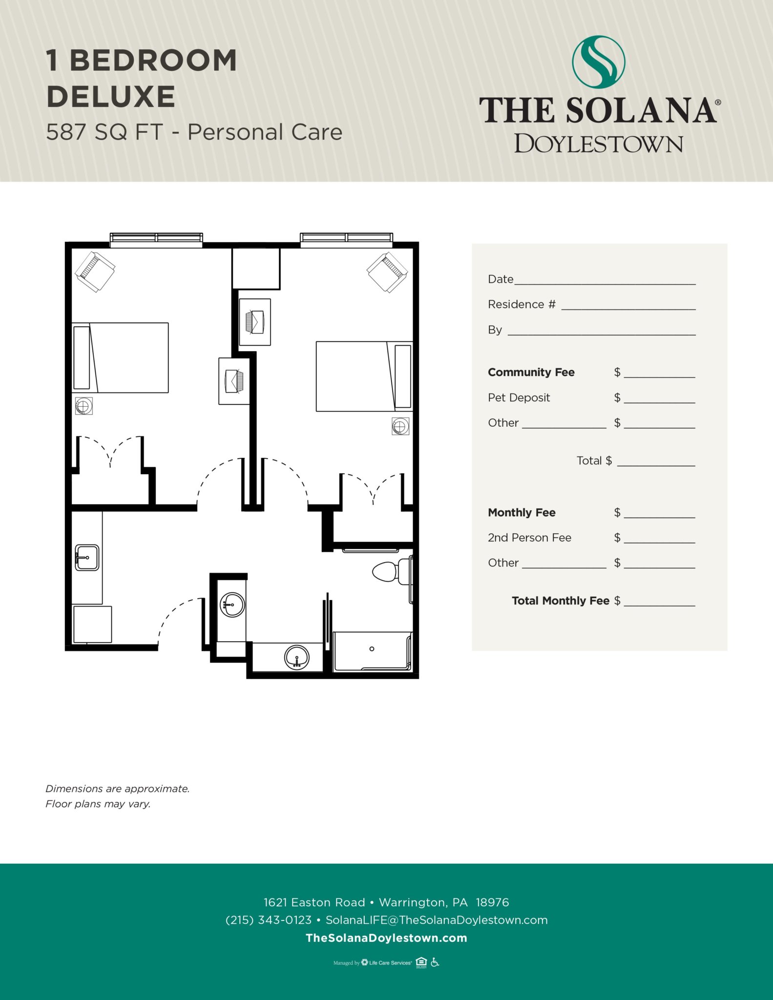 Floor plan of 1 bedroom unit, 587 sq ft, at The Solana Doylestown community with cost details.