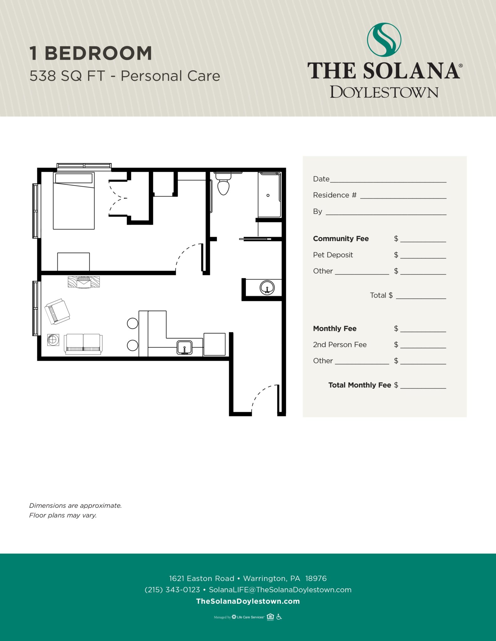 1 bedroom, 538 square feet personal care unit floor plan at The Solana Doylestown.
