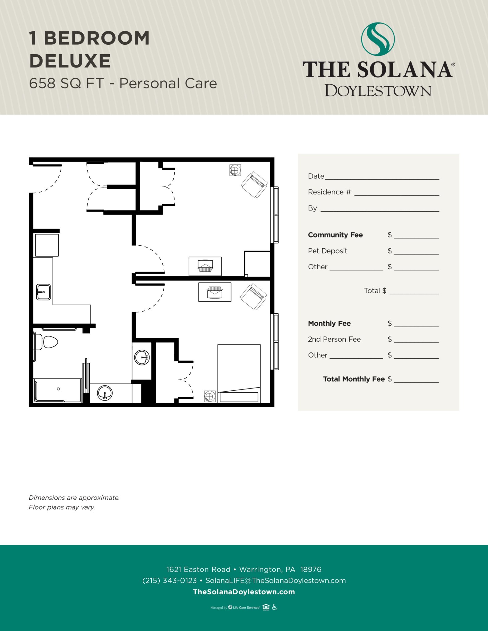Floor plan for a 1 bedroom deluxe unit with 658 sq ft in a senior living community.