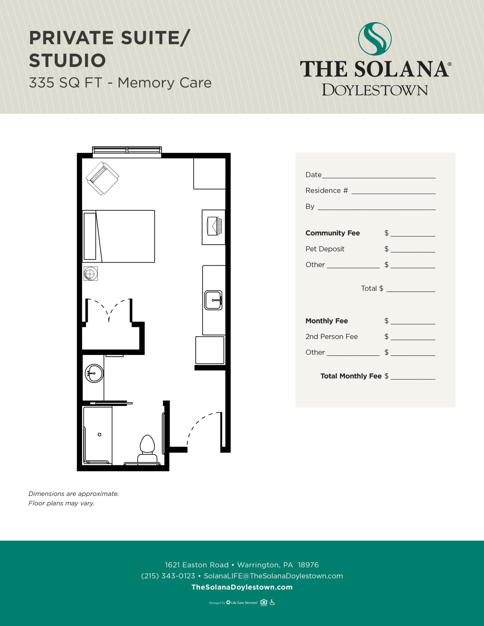 Floor plan of a 335 sq ft private suite or studio memory care unit at The Solana Doylestown.