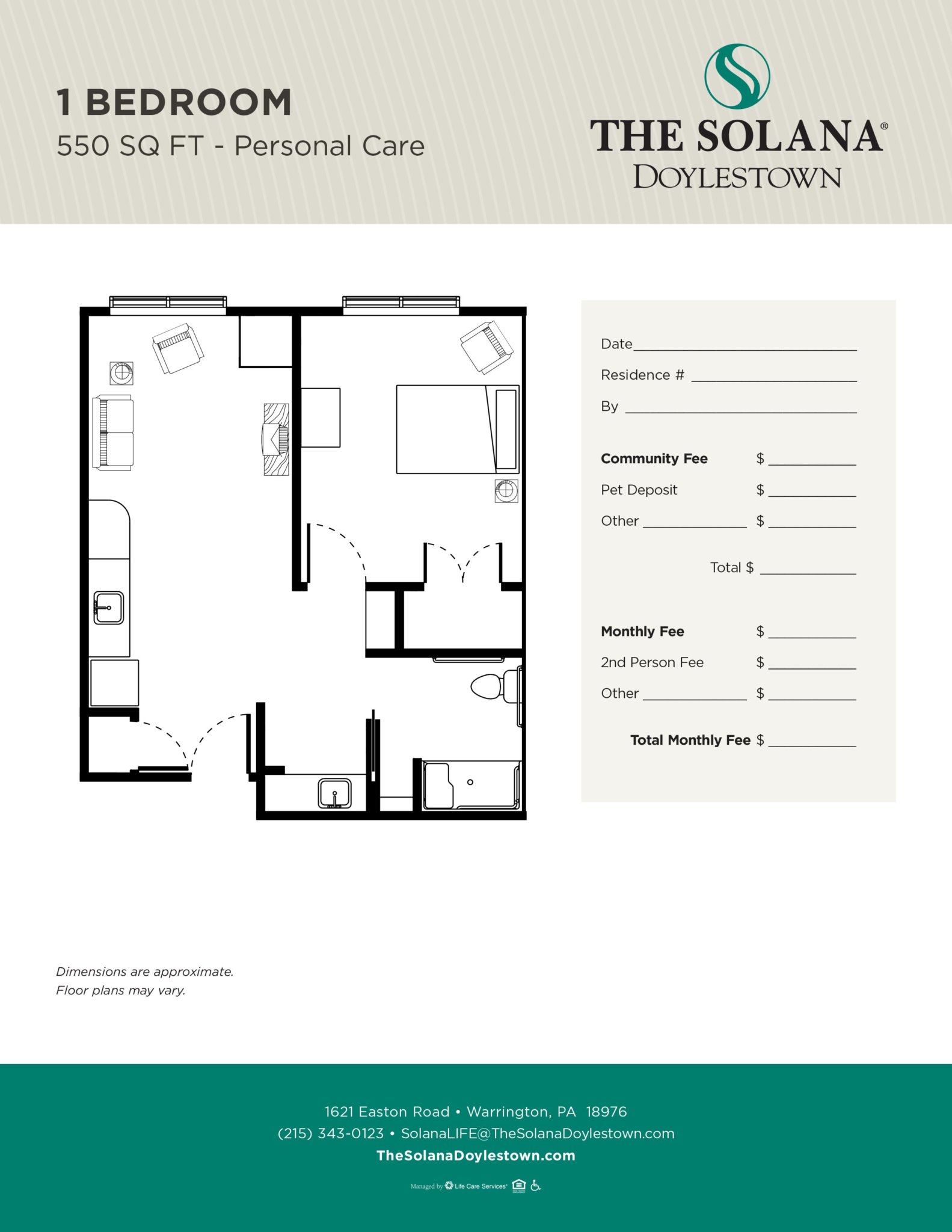 One-bedroom, 550 sq ft unit floor plan at The Solana Doylestown with personal care pricing details.