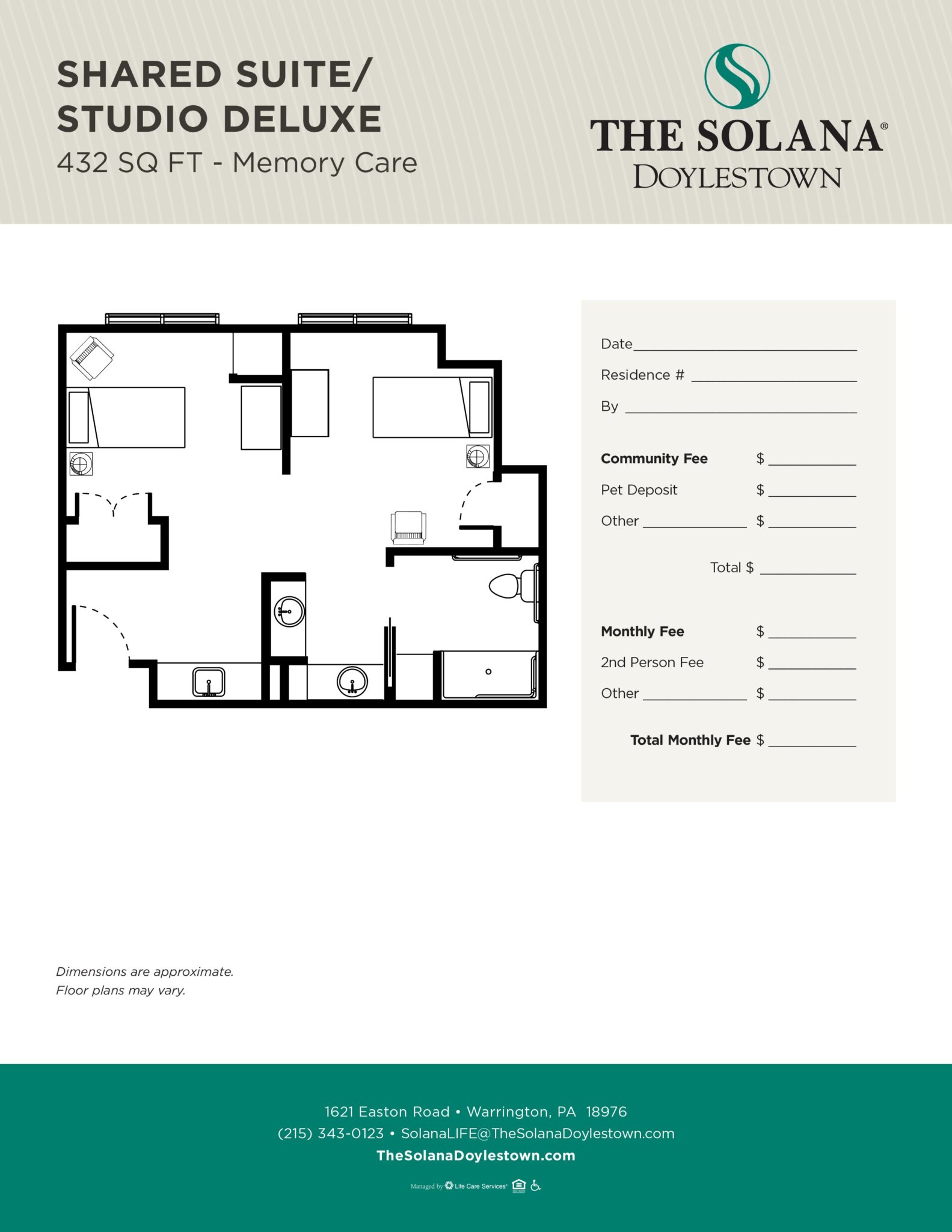 Floor plan of a shared suite or studio deluxe unit measuring 432 sq ft for memory care.