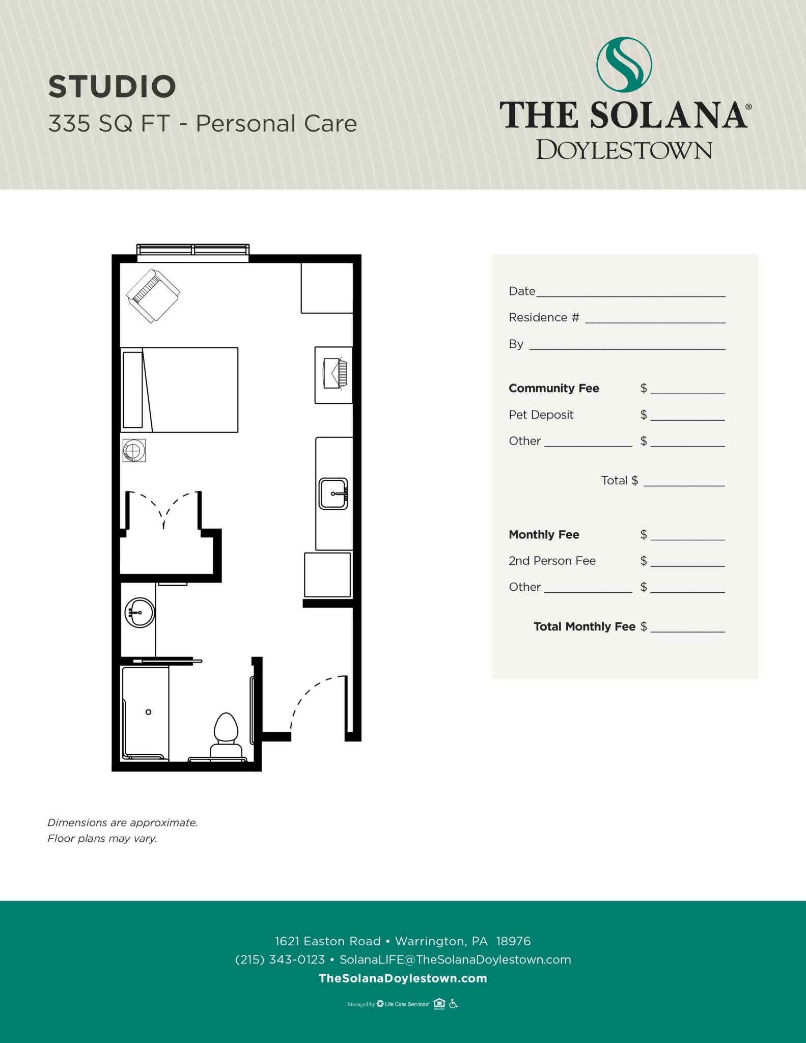 Studio unit floor plan, 335 square feet, with bathroom, living area, and kitchenette.