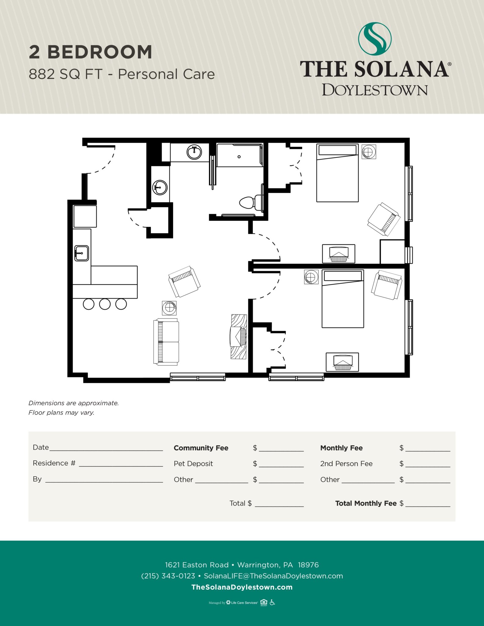 Detailed floor plan of a 2-bedroom 882 sq ft unit at The Solana Doylestown senior living community.