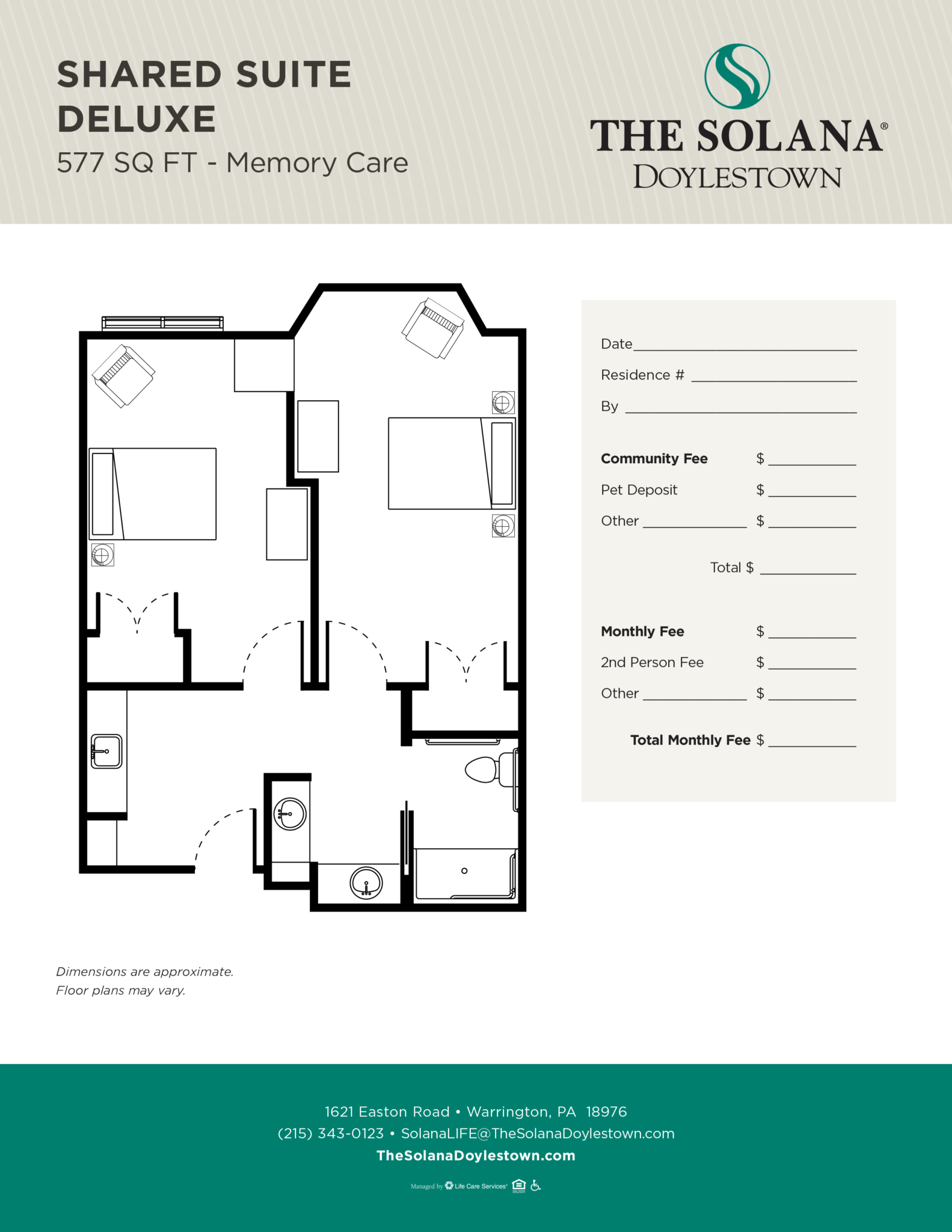 Floor plan for shared suite deluxe unit, 577 square feet, memory care at The Solana Doylestown.