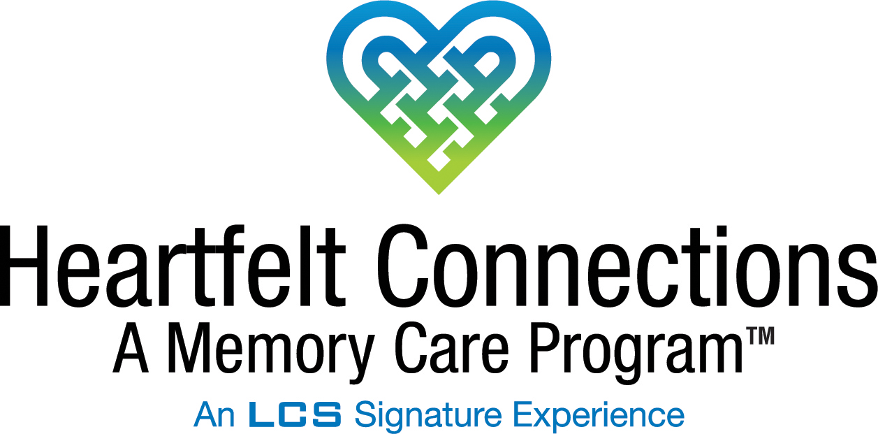 Heartfelt Connections Memory Care Program logo with a blue and green heart symbol.